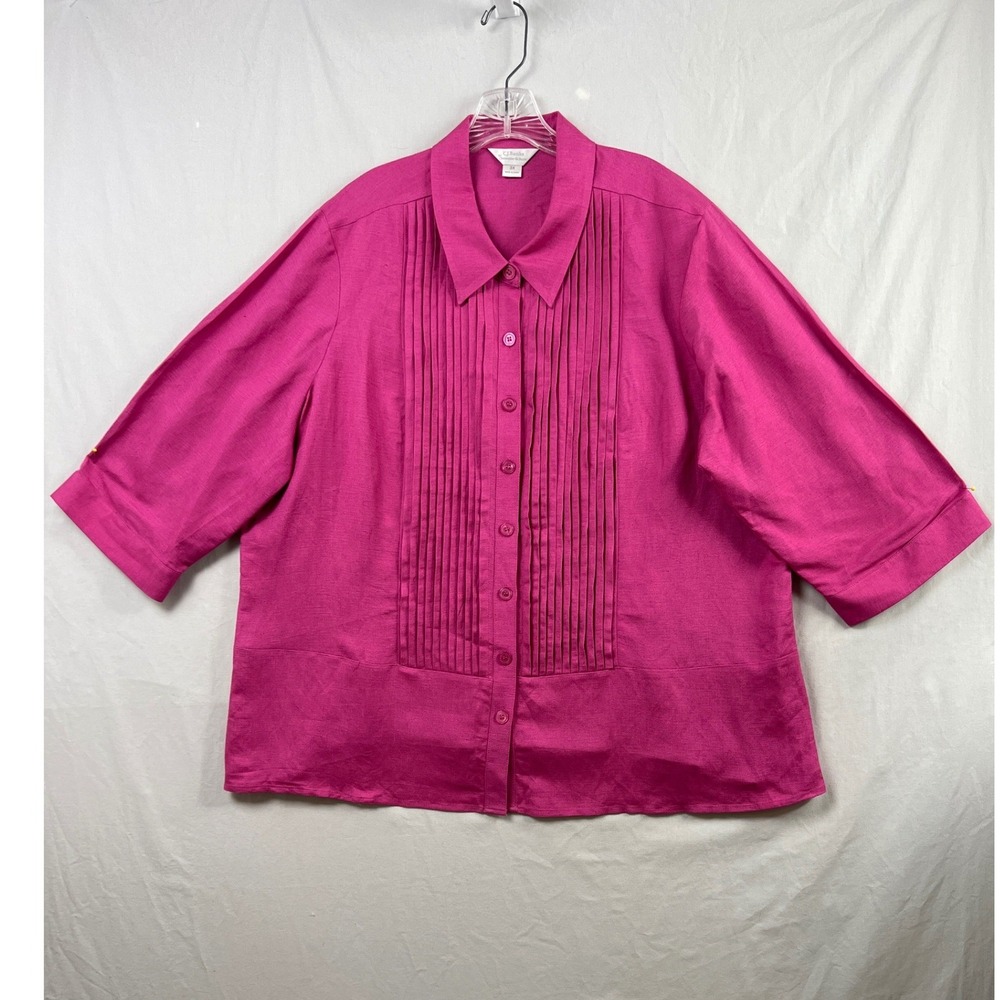 CJ Banks Blouse Women 3X Pink Linen Blend Pintuck Pleated 3/4 Sleeve Button Up